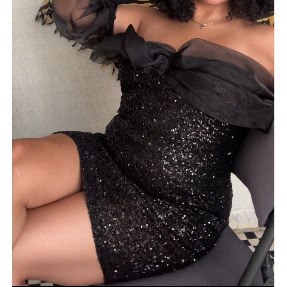 Black Sequin Cocktail Dress w/ Chiffon Sleeves